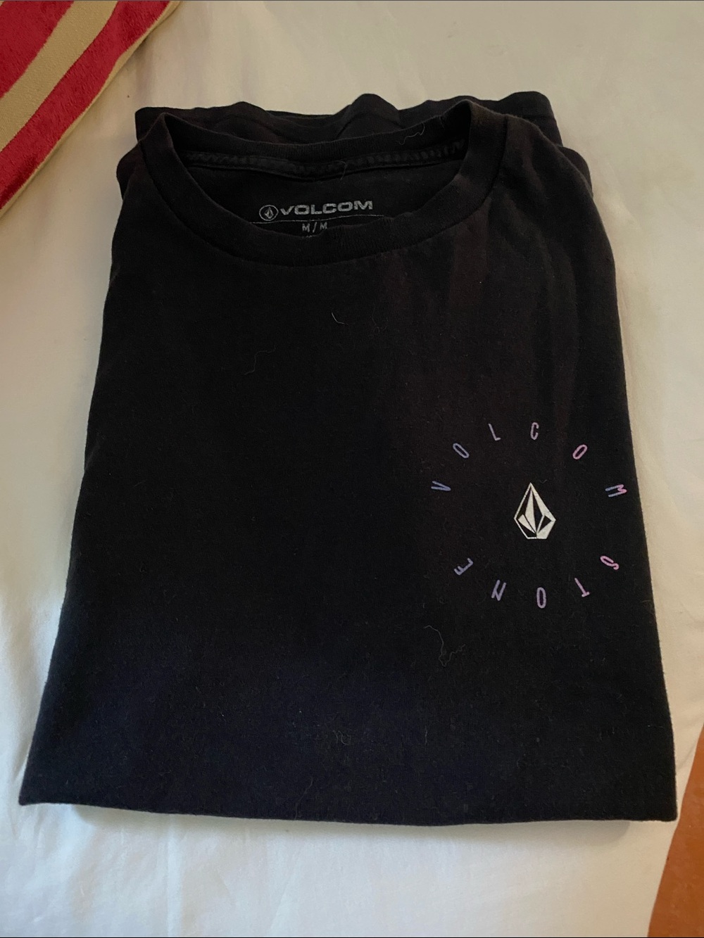 Volcom Black Short-Sleeve Tee with Small White Logo and Purple Accents Size M